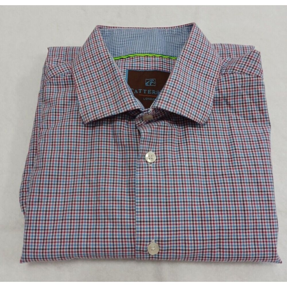 Tattersall London Mens Long Sleeve Button Down Shirt Red Blue Micro Check Small